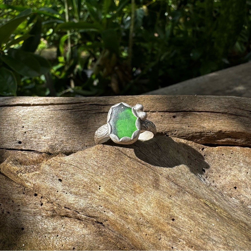 green sea glass natural floral sterling & fine silver - Picture 1 of 3
